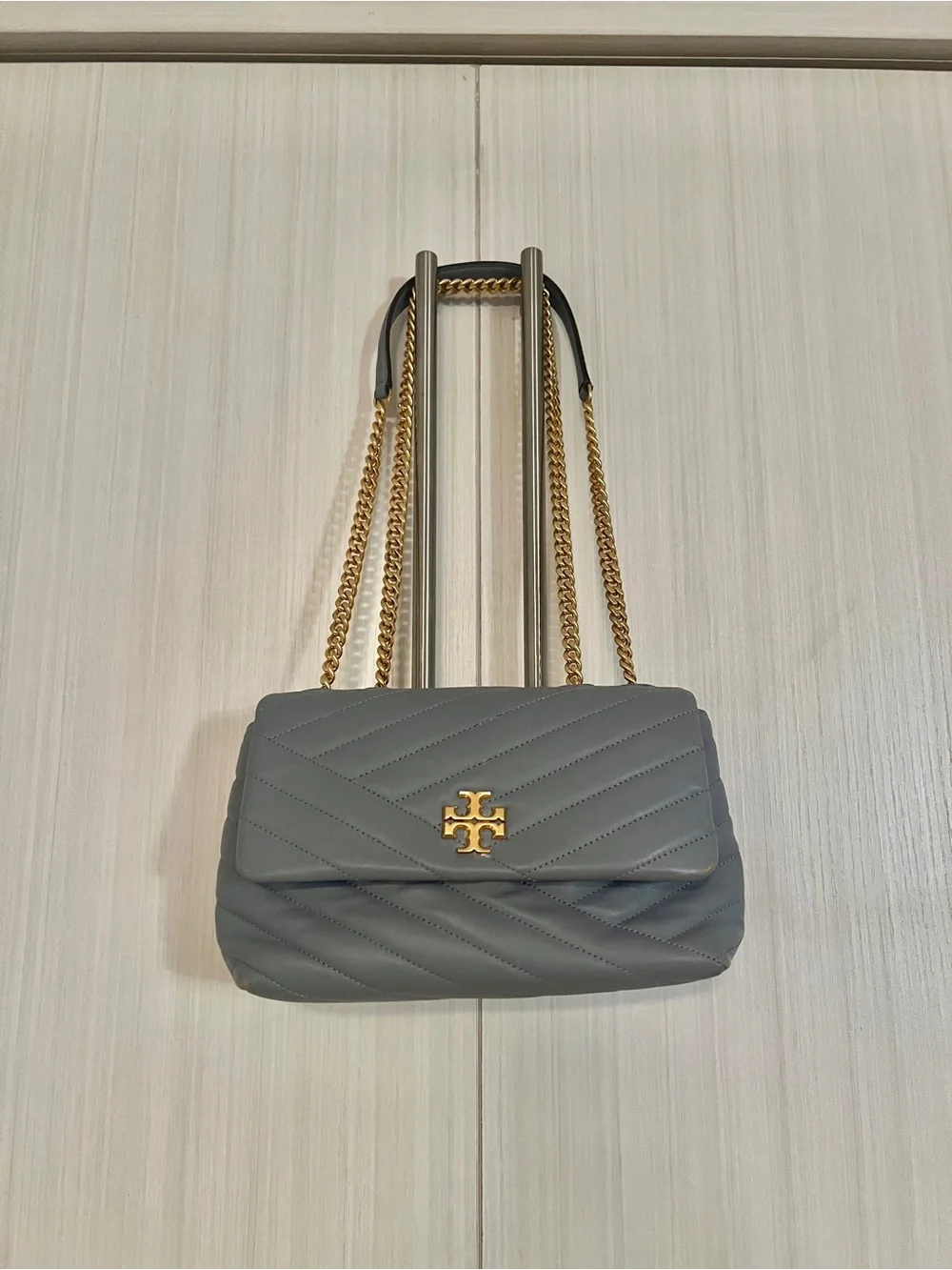 Tory Burch Quilted Light Blue Shoulder Bag with Gold Chain